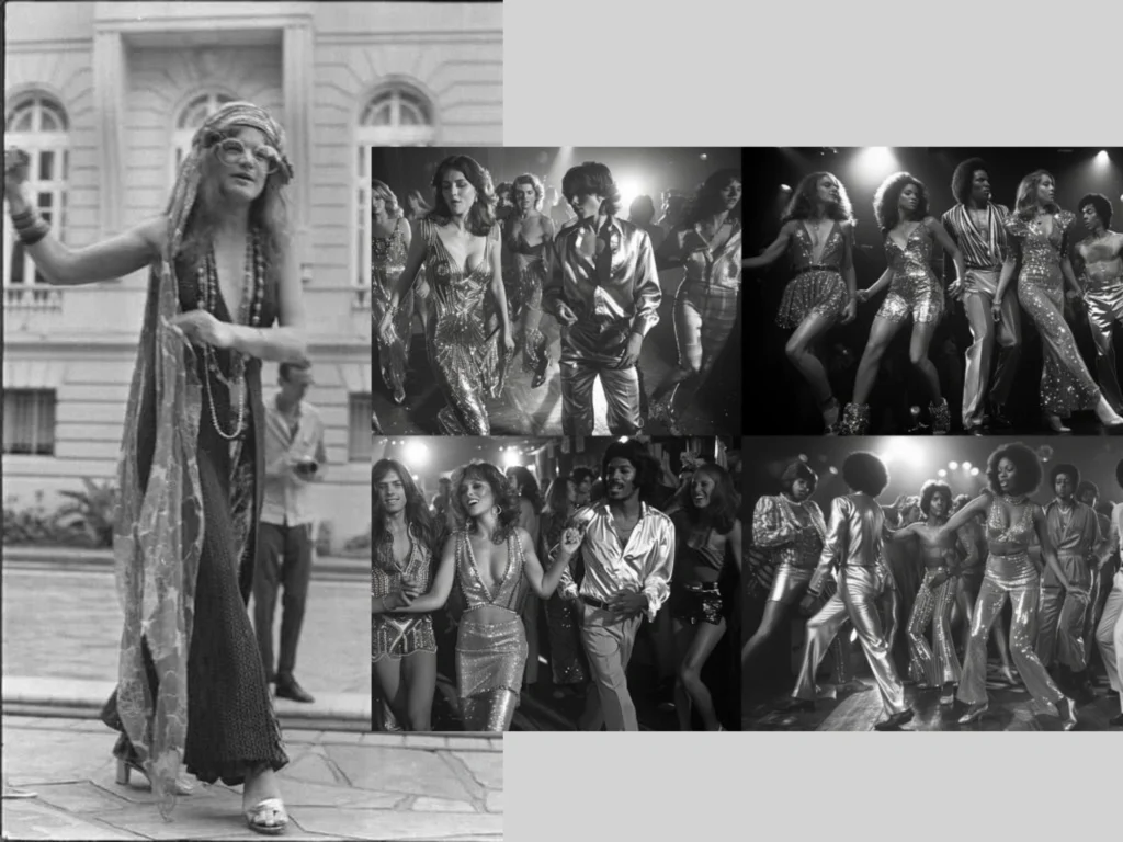 Collage depicting 1970s fashion trends with a boho and disco theme: a black-and-white image of a bohemian woman dressed in flowing attire, alongside vibrant scenes of disco dancers in glamorous, metallic outfits, capturing the essence of the era.