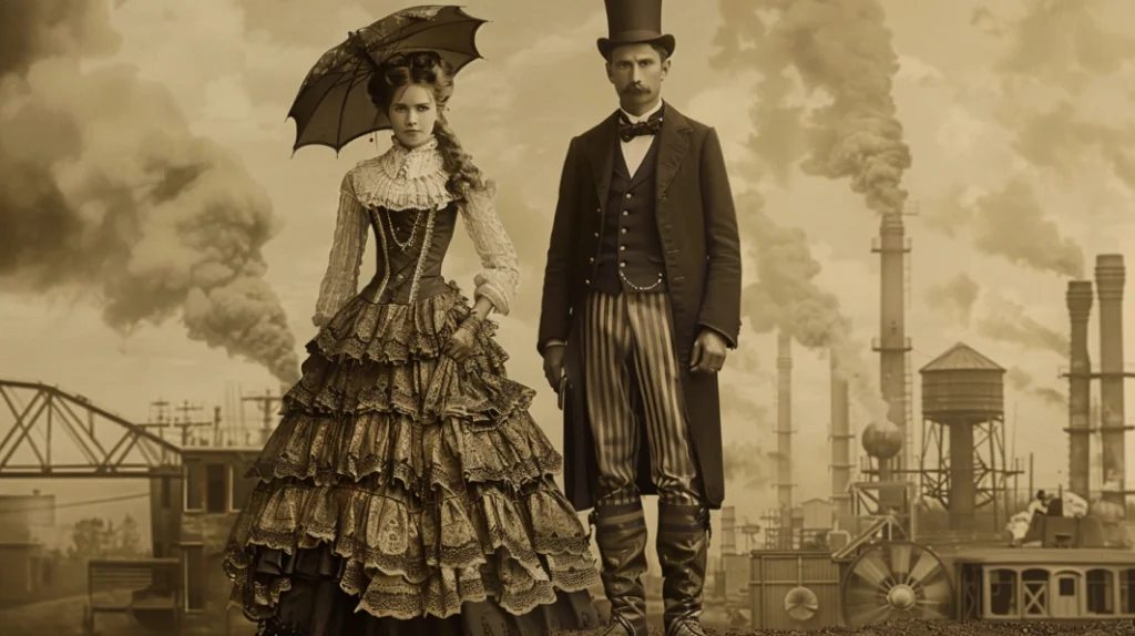 Sepia-toned image depicting a man and woman in elaborate Victorian-era attire, standing in an industrial landscape with smokestacks in the background, capturing the contrast between elegant fashion and the gritty industrial setting.