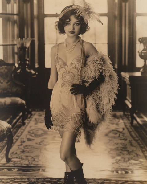 Sepia-toned vintage photograph of a woman dressed in 1920s flapper fashion. She wears a beaded dress, long gloves, and a feathered headpiece, exuding elegance and glamour from the Roaring Twenties. The ornate, antique setting adds to the timeless, classic atmosphere.