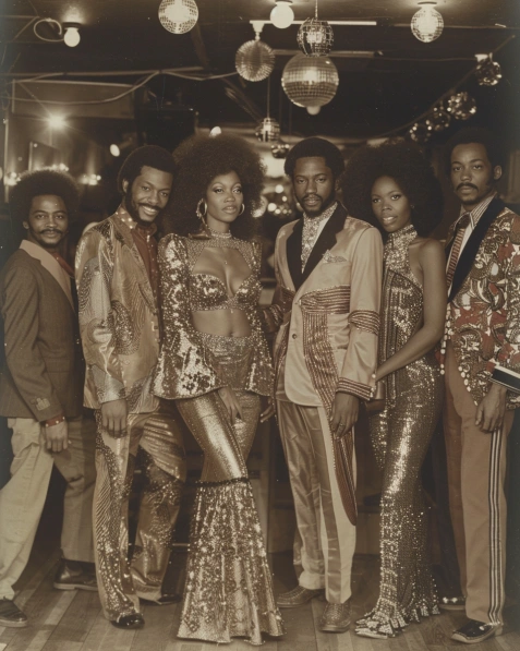 Sepia-toned image of a group of six people dressed in extravagant 1970s disco fashion. The group showcases a variety of styles, including sequined outfits, bell-bottom pants, and wide lapel jackets. The scene is set in a dimly lit disco club with mirrored balls hanging from the ceiling, capturing the vibrant and glamorous spirit of the disco era.