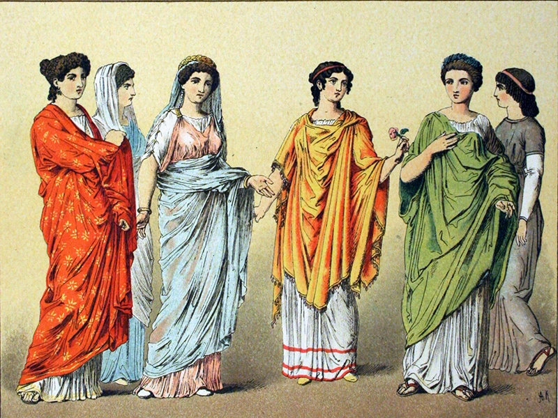 Illustration depicting various traditional outfits worn by women in ancient Rome, showcasing different styles of draped garments and accessories in vibrant colors.