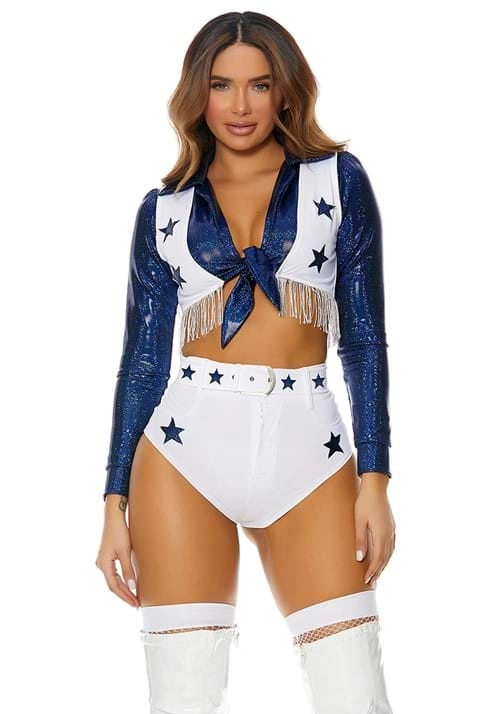 Cheerleader costume with a blue glittery crop top, white high-waisted shorts decorated with stars, and white knee-high boots, presenting a star-spangled look.