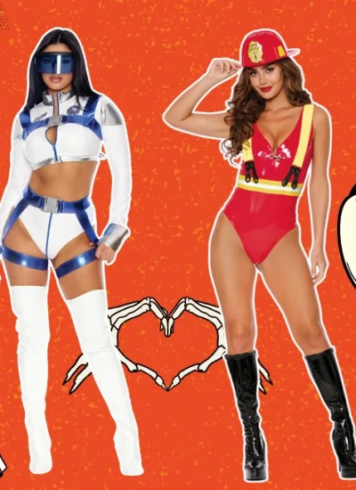 Two women showcasing trendy, sexy Halloween costumes; one dressed as a futuristic space character in a revealing white and blue outfit, and the other as a sultry firefighter in a red bodysuit with suspenders. The image is set against an orange Halloween-themed background with playful ghost and pumpkin illustrations.