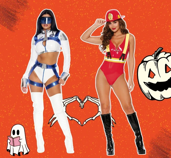 Two women showcasing trendy, sexy Halloween costumes; one dressed as a futuristic space character in a revealing white and blue outfit, and the other as a sultry firefighter in a red bodysuit with suspenders. The image is set against an orange Halloween-themed background with playful ghost and pumpkin illustrations.