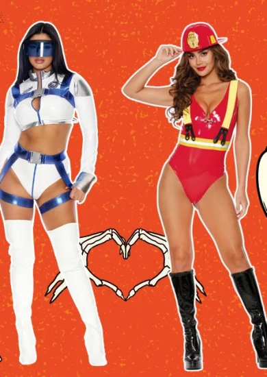 Two women showcasing trendy, sexy Halloween costumes; one dressed as a futuristic space character in a revealing white and blue outfit, and the other as a sultry firefighter in a red bodysuit with suspenders. The image is set against an orange Halloween-themed background with playful ghost and pumpkin illustrations.