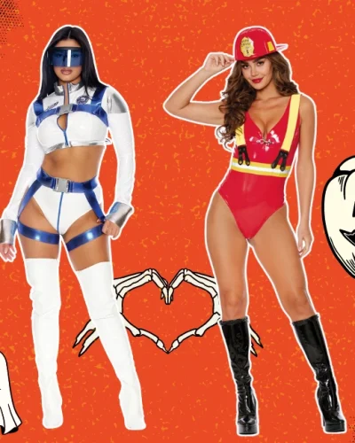 Two women showcasing trendy, sexy Halloween costumes; one dressed as a futuristic space character in a revealing white and blue outfit, and the other as a sultry firefighter in a red bodysuit with suspenders. The image is set against an orange Halloween-themed background with playful ghost and pumpkin illustrations.