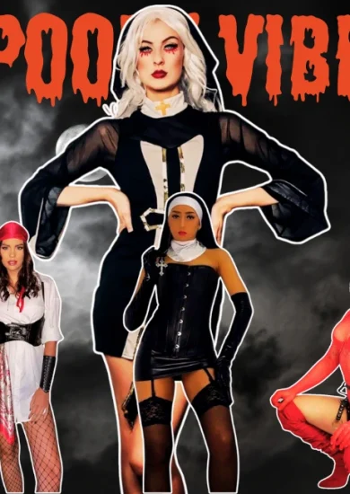 Spooky Vibes collage featuring Sexy Halloween Costume Ideas, including a seductive nun, devil, and pirate ensemble, perfect for inspiring bold 2024 Halloween looks.