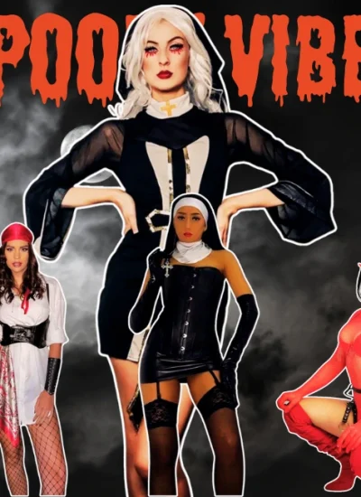 Spooky Vibes collage featuring Sexy Halloween Costume Ideas, including a seductive nun, devil, and pirate ensemble, perfect for inspiring bold 2024 Halloween looks.