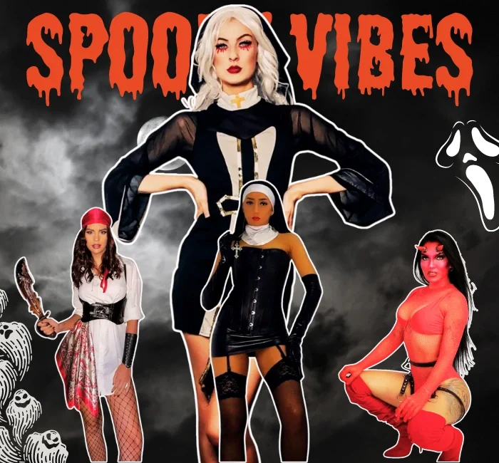 Spooky Vibes collage featuring Sexy Halloween Costume Ideas, including a seductive nun, devil, and pirate ensemble, perfect for inspiring bold 2024 Halloween looks.