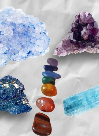 Comparison of healing crystals including Celestite, Amethyst, and others, showcasing their unique colors and properties for the article 'Celestite vs. Other Healing Crystals.