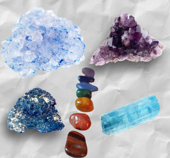 Comparison of healing crystals including Celestite, Amethyst, and others, showcasing their unique colors and properties for the article 'Celestite vs. Other Healing Crystals.