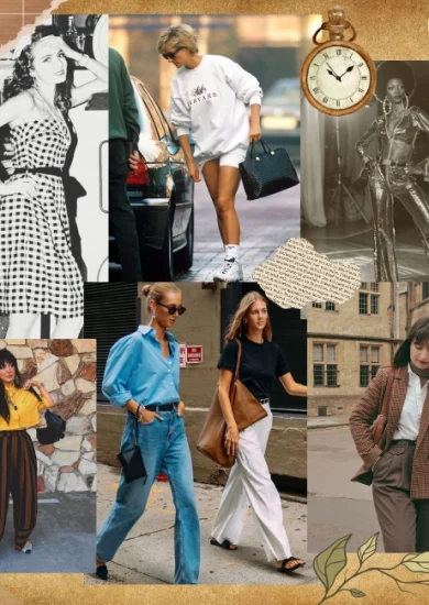 A collage showcasing different fashion styles from various eras and cultures. The image features a black-and-white vintage look, casual sportswear, retro disco fashion, modern street style, and contemporary academia-inspired outfits. This visual representation highlights the diversity in fashion trends, emphasizing the concept of different fashion styles through the decades.