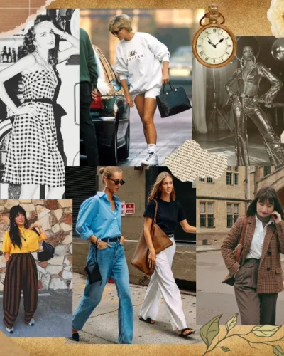 A collage showcasing different fashion styles from various eras and cultures. The image features a black-and-white vintage look, casual sportswear, retro disco fashion, modern street style, and contemporary academia-inspired outfits. This visual representation highlights the diversity in fashion trends, emphasizing the concept of different fashion styles through the decades.