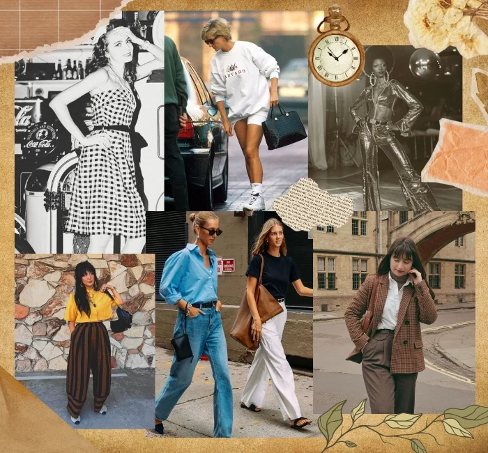 A collage showcasing different fashion styles from various eras and cultures. The image features a black-and-white vintage look, casual sportswear, retro disco fashion, modern street style, and contemporary academia-inspired outfits. This visual representation highlights the diversity in fashion trends, emphasizing the concept of different fashion styles through the decades.