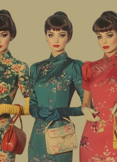 Three women dressed in elegant Vintage Style Clothing, featuring floral patterns and vibrant colors, each holding a stylish handbag, embodying the timeless charm and sophistication of vintage fashion.