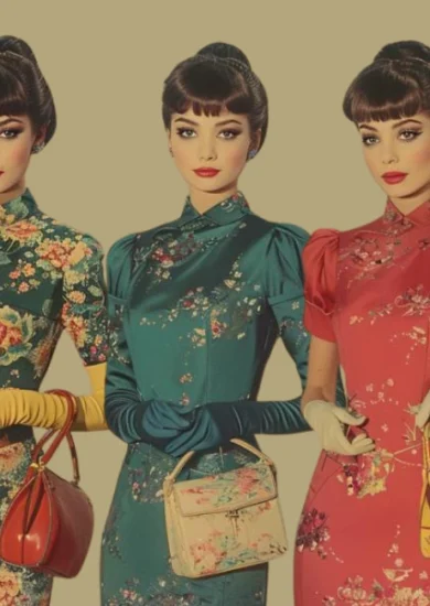 Three women dressed in elegant Vintage Style Clothing, featuring floral patterns and vibrant colors, each holding a stylish handbag, embodying the timeless charm and sophistication of vintage fashion.