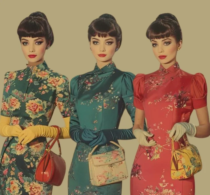 Three women dressed in elegant Vintage Style Clothing, featuring floral patterns and vibrant colors, each holding a stylish handbag, embodying the timeless charm and sophistication of vintage fashion.