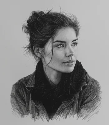 Black and white pencil sketch of Emma Stevens, a young woman with a thoughtful expression, her hair tied up in a casual bun, wearing a scarf and jacket. The image captures her calm and composed demeanor, reflecting her expertise in skincare and beauty.