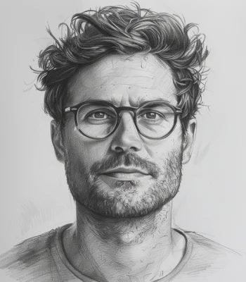 Black and white pencil sketch of James Miller, a man with a thoughtful expression, wavy hair, and glasses. His direct gaze and slight smile convey confidence and approachability. The sketch reflects his expertise in travel and lifestyle advice, capturing his curiosity and sense of adventure.