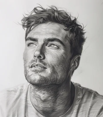 Black and white pencil sketch of Liam Bennett, a young man with a strong, thoughtful expression and tousled hair. He gazes upward, reflecting his focus on wellness and fitness. The sketch highlights his relaxed yet determined demeanor, aligning with his role as a wellness and fitness advocate.