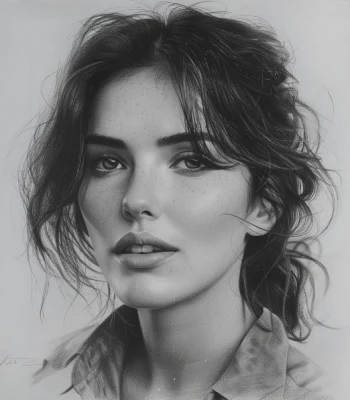 Black and white pencil sketch of Sophia Clark, a young woman with loose, wavy hair and a confident expression. Her gaze is direct and poised, reflecting her expertise in fashion trends and seasonal styles. The image captures her sophisticated and stylish persona.